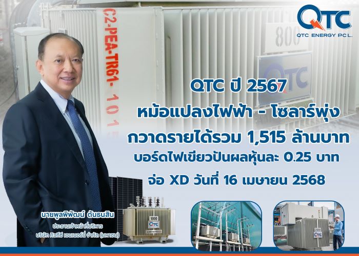 QTC ปี 67 หม้อแปลงไฟฟ้า-โซลาร์พุ่ง กวาดรายได้รวม 1,515 ล้านบาท บอร์ดไฟเขียวปันผลหุ้นละ 0.25 บาท จ่อ XD วันที่ 16 เมษายน 2568 ปูทางขยายสถานีชาร์จ รถยนต์ไฟฟ้า-รถบรรทุกไฟฟ้า-สถานีเปลี่ยนแบตฯ มอเตอร์ไซค์ไฟฟ้า เพิ่ม
