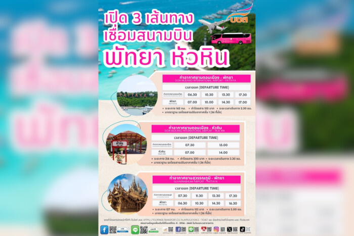 “บขส.” พร้อมเปิดให้บริการ 3 เส้นทาง ดอนเมือง – พัทยา, ดอนเมือง – หัวหิน และ สุวรรณภูมิ – พัทยา เชื่อมสองสนามบิน เริ่ม 8 มี.ค.นี้ เพิ่มความสะดวกการเดินทางไร้รอยต่อ หนุนปีทองแห่งการท่องเที่ยว เมืองหลัก – เมืองรอง เมืองน่าเที่ยวทั่วไทย