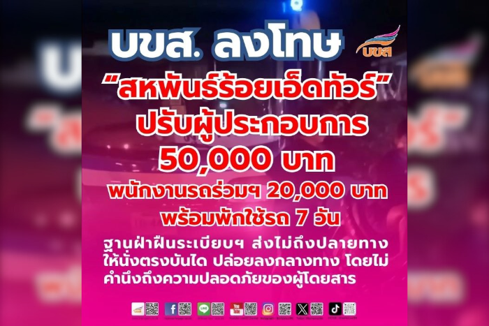“บขส.” สั่งปรับพนักงานรถร่วมฯ 20,000 บาท ผู้ประกอบการ 50,000 บาท พร้อมพักใช้รถ 7 วัน ฐานความผิดส่งผู้โดยสารไม่ถึงปลายทาง หลังให้ผู้โดยสารนั่งตรงบันไดทางขึ้น และปล่อยผู้โดยสารลงกลางทาง พื้นที่ จ.สระบุรี
