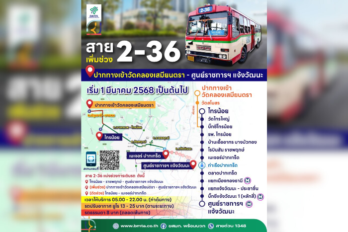 1 มีนาคมนี้! ขสมก. ขยายเส้นทางสาย 2-36 เพิ่มช่วงถึงวัดคลองเสมียนตรา เพื่อรองรับการเดินทางของประชาชน โซนไทรน้อย จังหวัดนนทบุรี