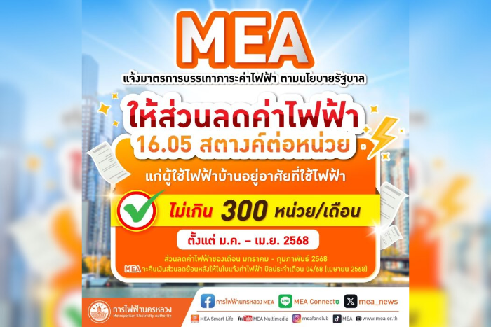 MEA แจ้งมาตรการบรรเทาภาระค่าไฟฟ้า ตามนโยบายรัฐบาล ให้ส่วนลดค่าไฟฟ้า 16.05 สตางค์ต่อหน่วย แก่ผู้ใช้ไฟฟ้าบ้านอยู่อาศัยที่ใช้ไฟฟ้าไม่เกิน 300 หน่วยต่อเดือน ตั้งแต่ ม.ค. – เม.ย. 2568