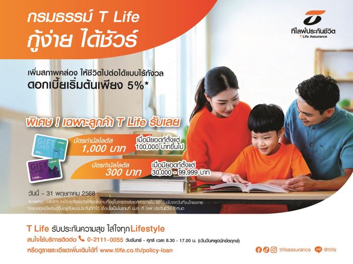 ที ไลฟ์ ประกันชีวิต เปิดแคมเปญ "กรมธรรม์ T Life กู้ง่าย ได้ชัวร์"  แปลงกรมธรรม์เป็นเงินสด เสริมสภาพคล่องทางการเงินให้ลูกค้า  ดอกเบี้ยเริ่มต้น 5% ต่อปี พร้อมรับบัตรกำนัลโลตัส