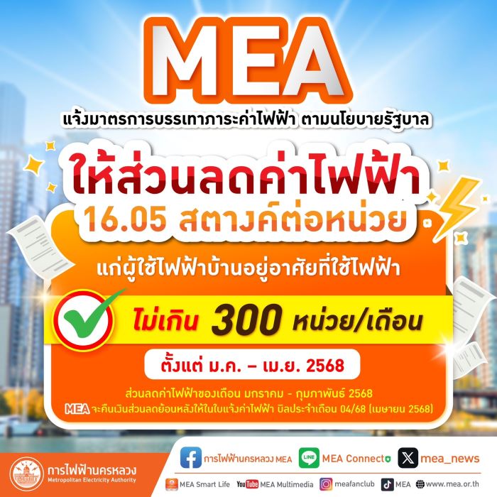 MEA แจ้งมาตรการบรรเทาภาระค่าไฟฟ้า